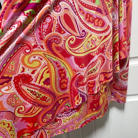 Chaps Sleeveless Faux Wrap, Midi V Neck Dress. Paisley Surplice Orange & Pink 🩷 - Picture 7 of 9